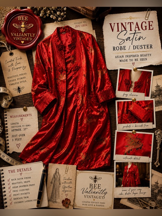 Vintage Other - VTG Red Satin Asian Brocade Lounge Robe Duster Jacket Frog Closures